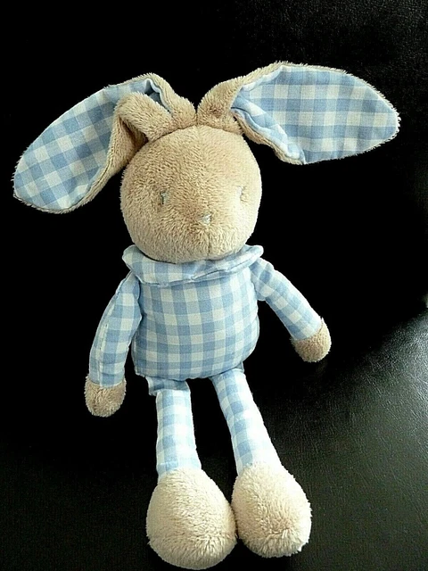 *. DOUDOU PELUCHE KLORANE BEBE LAPIN VICHY BLEU BLANC CARREAUX 27cm ETAT NEUF*