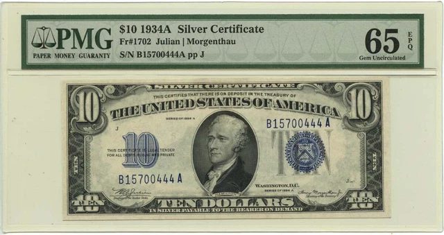 1934A $10 Silver Certificate Blue Julian Morgenthau Fr# 1702 PMG GEM 65 EPQ