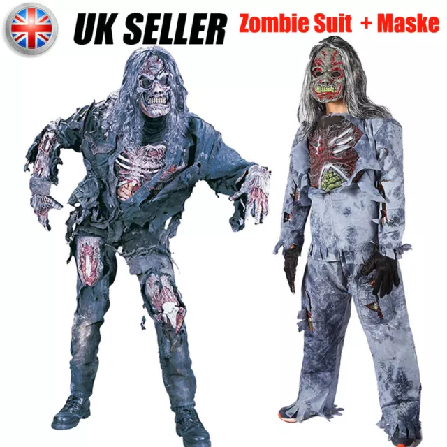 Unisex Adult Complete Zombie Costume Undead Halloween Fancy Dress Outfit & Mask