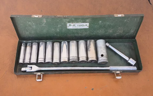 Vintage SK 1/2" Drive SAE Socket Set Deep well 12pt with case & breaker bar USA Vintage SK 1/2" Drive SAE Socket Set Deep well 12pt with case & breaker bar USA