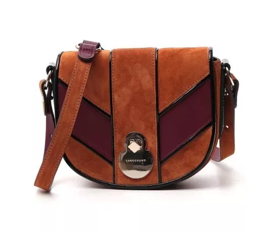 NEW Longchamp front flap panelled crossbody bag leather and suede cognac