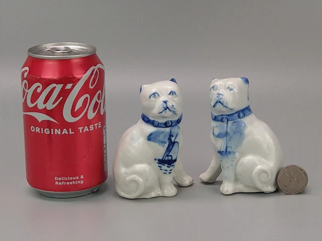 Pair of Blue and white vintage Pug Dog Figurine with sailing boats