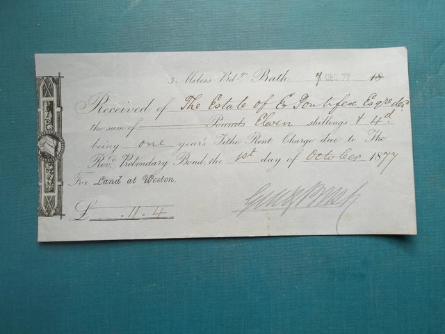 1877, Tithe Rent Receipt: E.pontifex. Land At Weston, Bath, Somerset