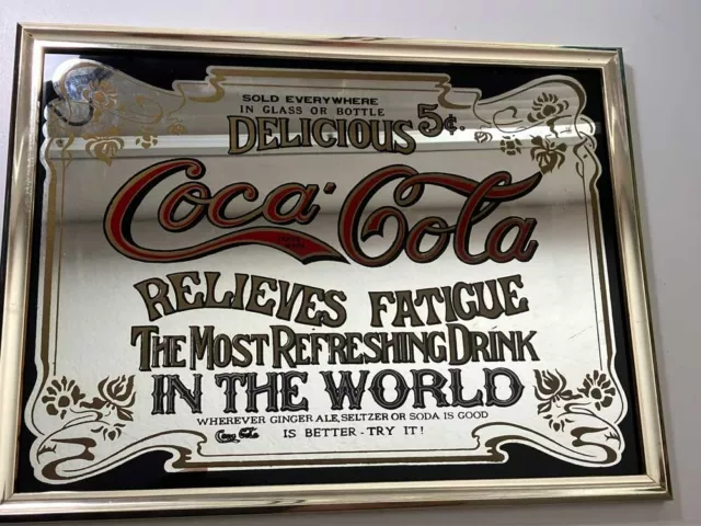 Coca Cola Mirror Sign "Relieves Fatigue" 5 Cents 18”x12” Frame Vintage 1970's