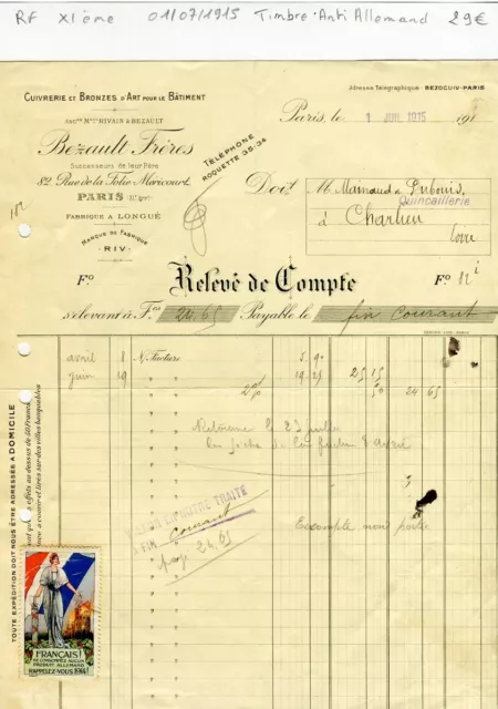 Paris XI ème 82 Rue de la Folie Méricourt - Rare avec Timbre Anti-Allemand  1915