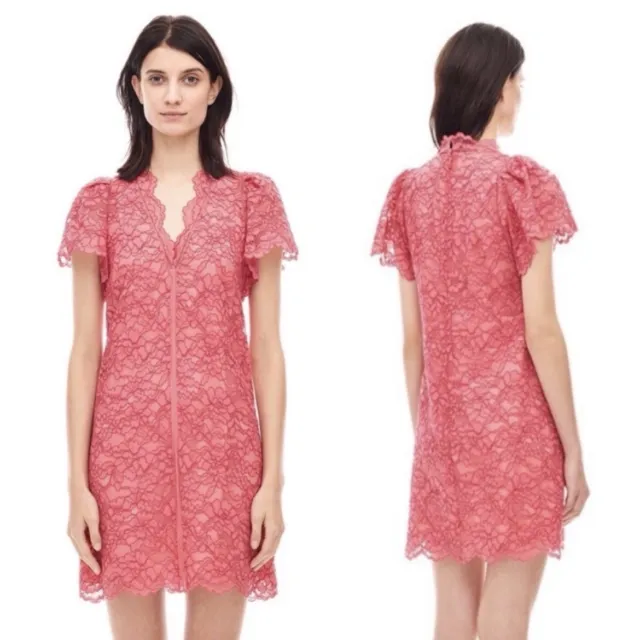 REBECCA TAYLOR Lace Puff Sleeve Novelty Shift Dress Sz 12 Sunset Rose NWT $495