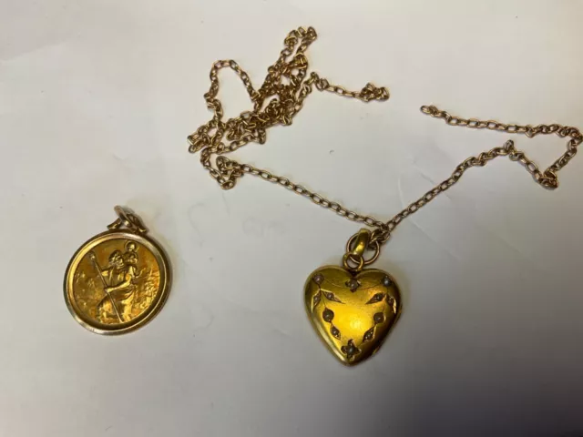 Médaille saint Christophe,cœur et chaîne or 18k ,testés,poinçons,12,86 g