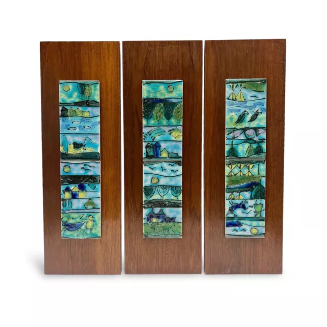 HARRIS STRONG Mid Century Modern Ceramic Tiles Teak Mounted Wall Art Set of 3