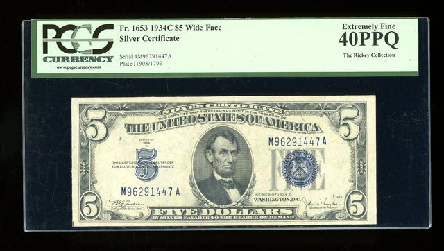 DBR $5 1934-C Silver  Fr. 1653W MA Block Wide Face PCGS 40 PPQ Serial M96291447A