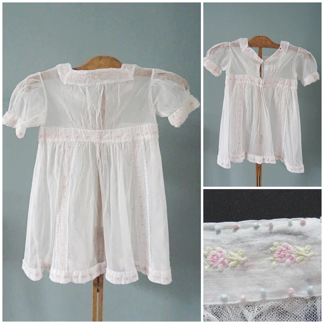 Abito Antico Bambina Vittoriano Rete Avorio Floreale Ricamato Edoardiano c1900