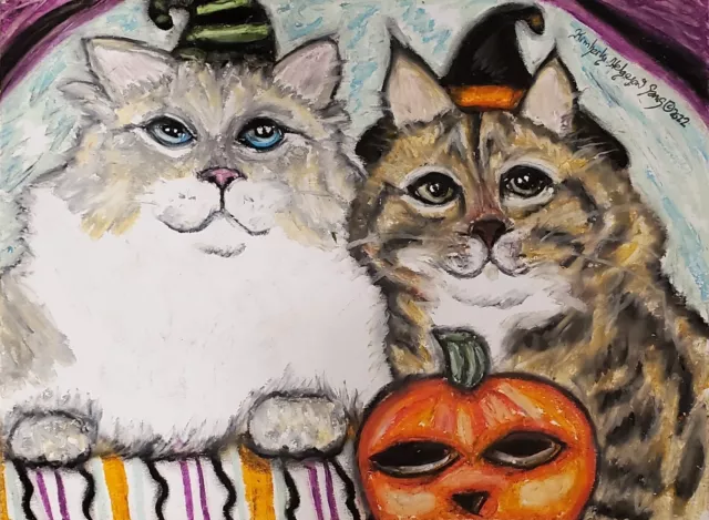 Siberian Cat HALLOWEEN Original Pastel Painting 9x12 Pop Folk Art by KSams