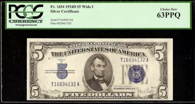 Unc 1934D $5 Bill Silver Certificate Blue Seal Note Money Pcgs 63 Ppq