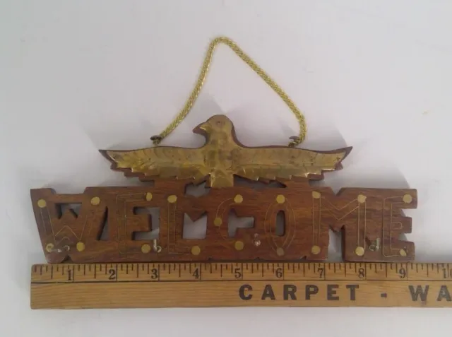 Vintage Wooden And Brass Welcome Key Chain Holder Hanger 9" Long American Eagle