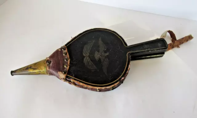 Vintage wood and leather fireplace bellows eagle motif brass tip