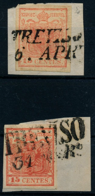 LOMBARDEI-VENETIEN 1850 2BRIEFSTÜCKE: beide 15C, HP, Type III. Versch. TREVISO.