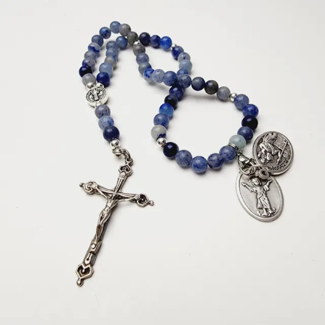Handmade Blue Catholic Rosary With St Benedict Medal, St Christopher Child Jesus