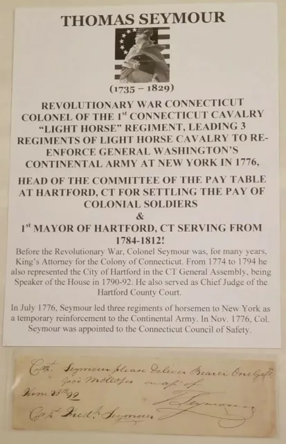 Signed 1799 Revolutionary War 1st Conn Light Horse CT Calvary Col Thomas Seymour