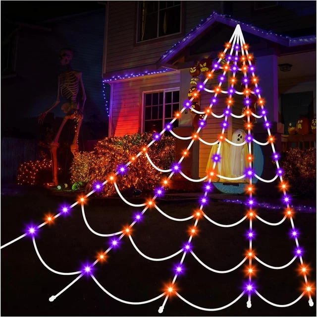 Halloween Decorations Outdoor Spiders Web Lights: 150 Purple & Orange LED Light