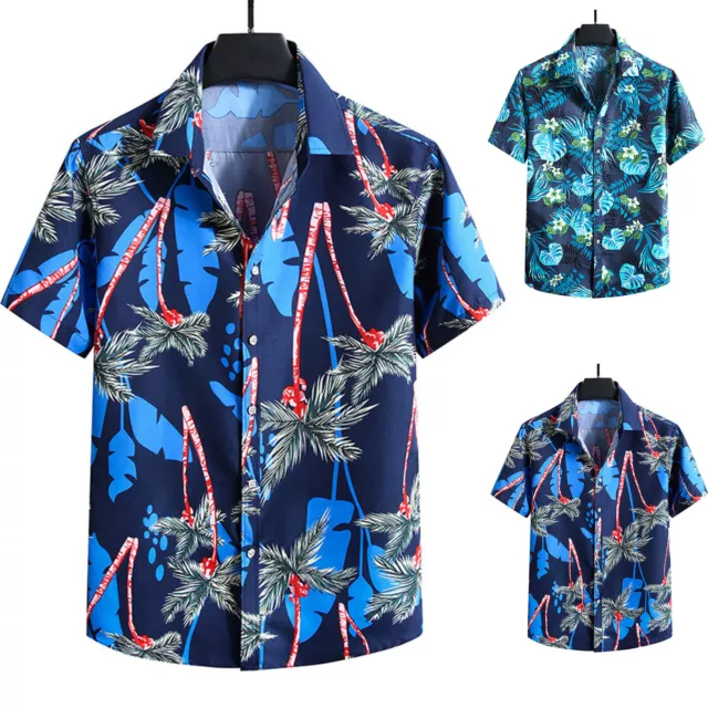Mens Summer Hawaii  Large Size Lapel Printed Turndown Collar Casual Loose Short