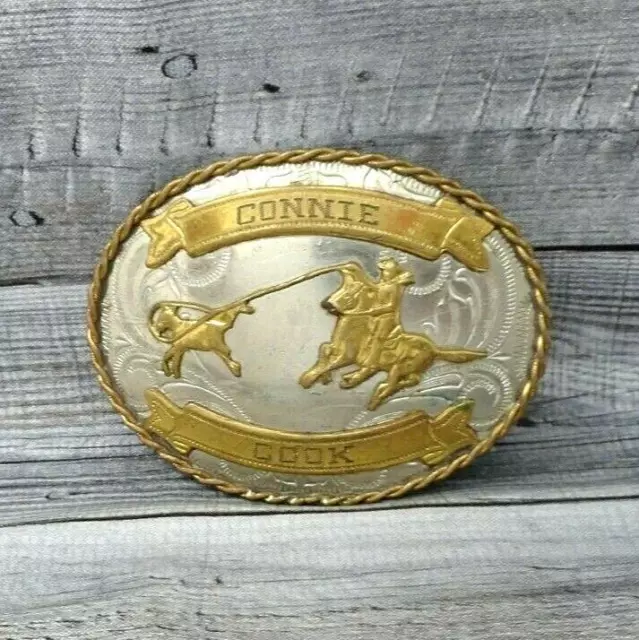 Western Calf Roping Trophy Belt Buckle Rodeo Nickel Silver Vintage 80s   .CVB320