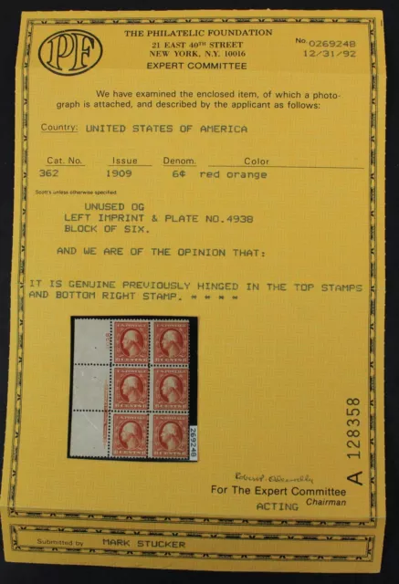 Ckstamps: US Briefmarken Scott # 362 Block Of 6 Postfrisch 3NH 3LH Og Cv $17,500