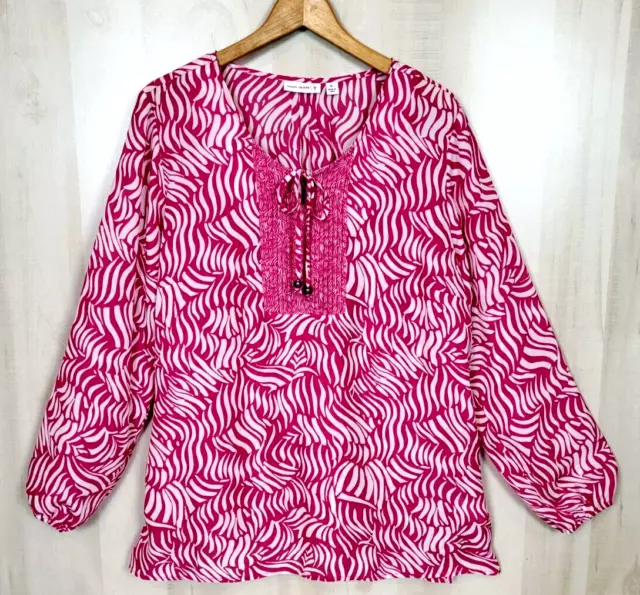 Susan Graver Woman XL Pink White Semi Sheer Polyester Beaded Tie Long Sleeve Top