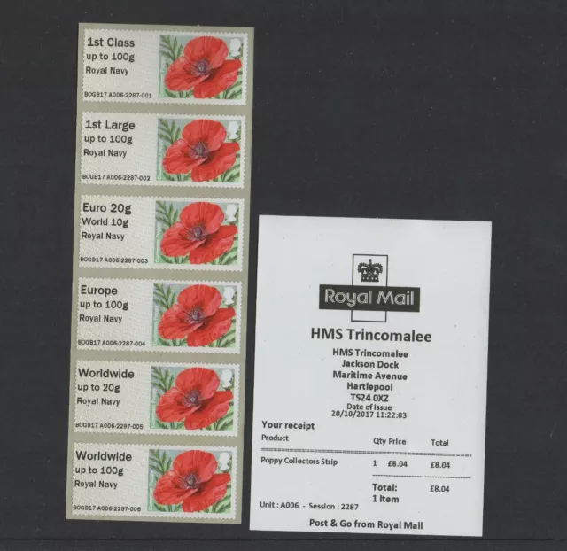 POPPY  Ma15  TRINCOMALEE OCTOBER  2017  A006  Collector Strip  POST GO + Receipt