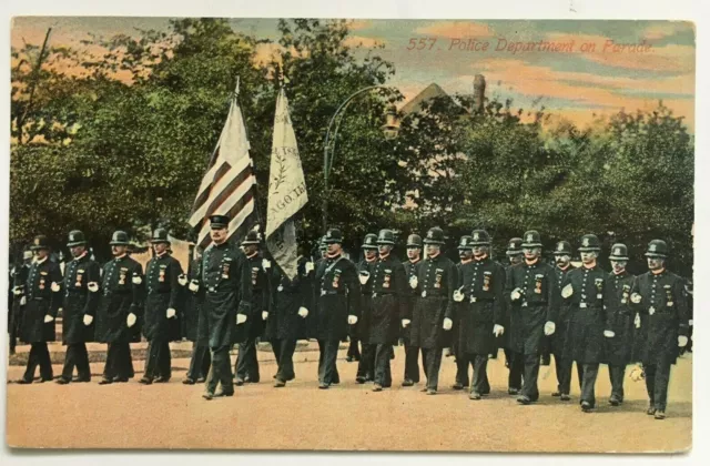 IL Postcard Chicago Illinois Police Department on Parade formation flags scenic