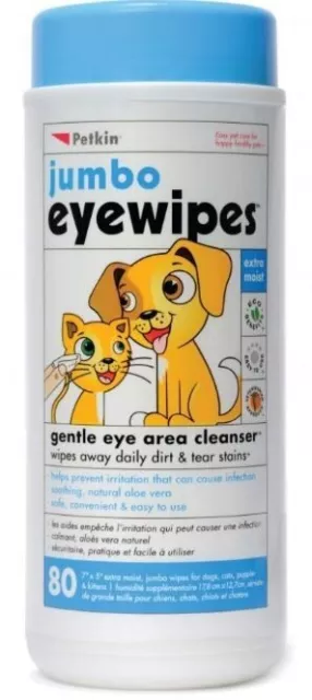 Petkin JUMBO Eye Wipes - (80 wipes) - 7 x 5" Dog Cat Dirt & Tear Stain Cleaning