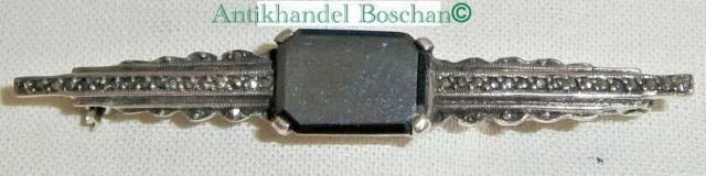 Sehr feine Brosche 835 Silber mit Onyx und Markasiten (d1030)