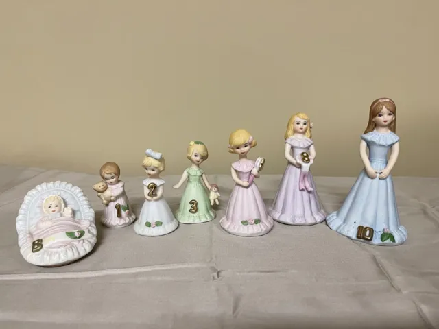 Enesco Growing Up Girls Birthday Figurines. Set of 7