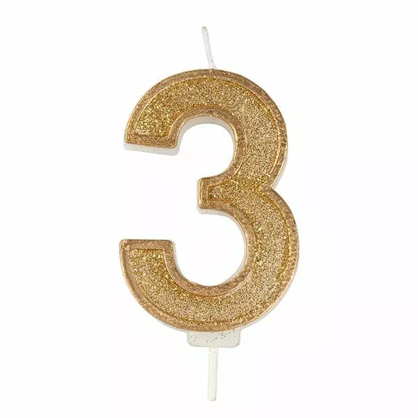 Birthday Cake Candle Number Numeral GOLD SPARKLE 3 70mm Party Celebration Topper