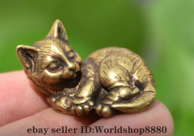 1.2" Old Chinese Brass Cat Beast Statue Pendant