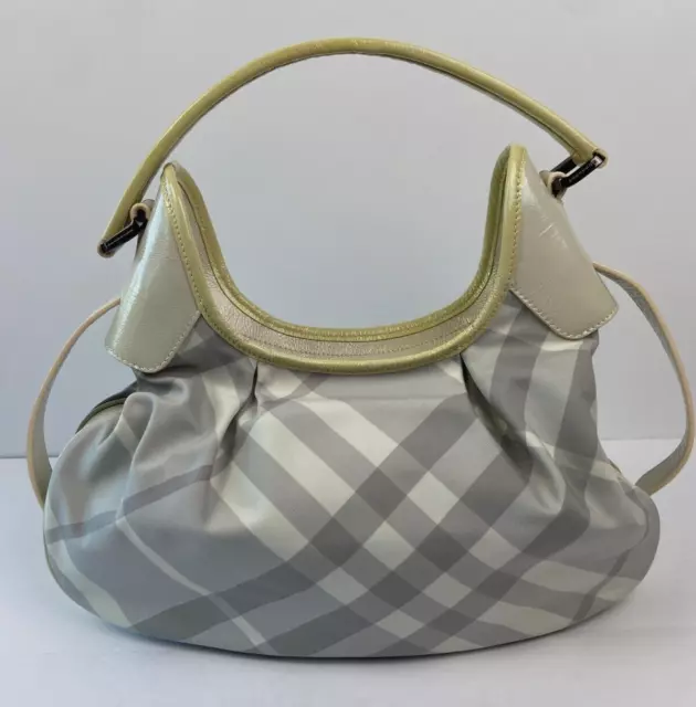 Burberry Checked Gray Nylon & Trimmed Smoke Patent Leather Shoulder Hobo Bag 2