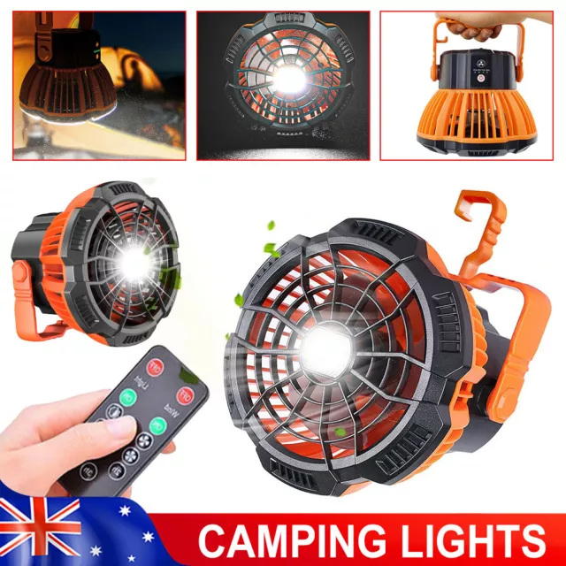 Portable Camping Fan LED Light Rechargeable Outdoor Tent Lantern w/ Hook Remote