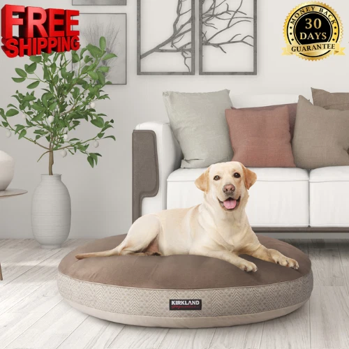 Kirkland Signature 42” round Pet Bed, Tan Chevron, 100% Recycled Poly Fiber Fill
