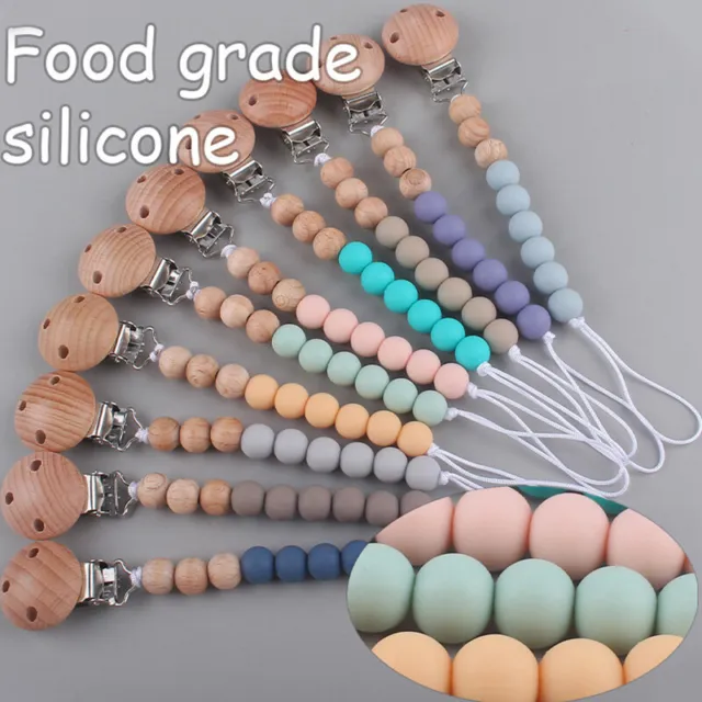 Baby Dummy Clips Wooden Silicone Beads Pacifier Chain Strap Holder Shower Gifts