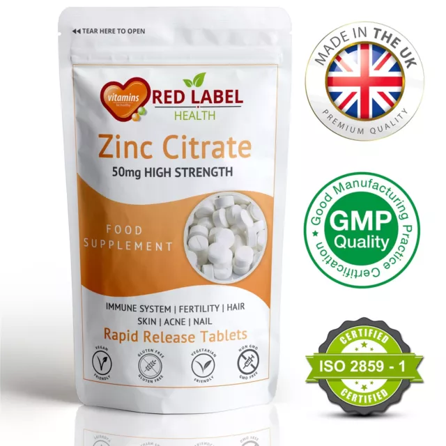 Zinc Citrate 50mg 365 Tablets High Strength Immune Health Support Acne Skin