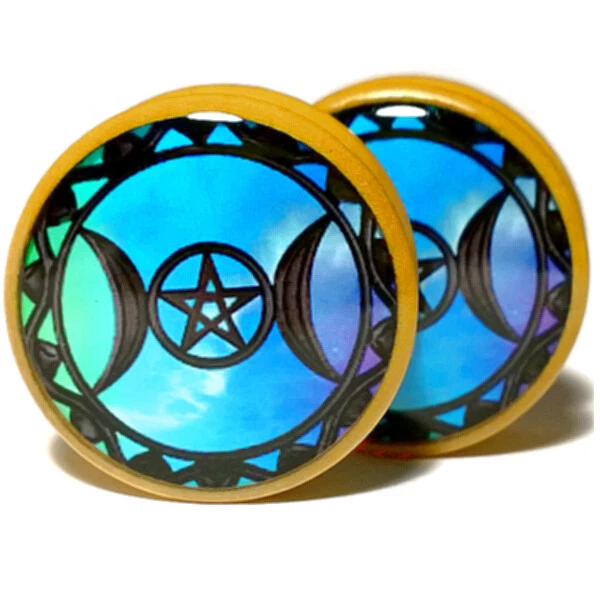 Pair Wood Handmade Ear Plugs - Organic Gauges Flesh Tunnels Triple Moon Goddess