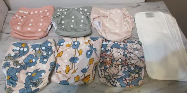 Noras Nursery 6 Reusable Cloth Pocket Baby Diapers 4 Bamboo Inserts Solid Floral