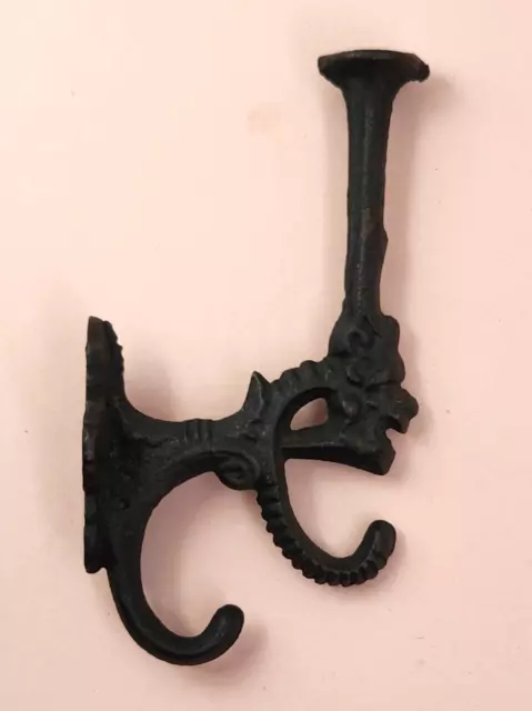 Vintage Antique Cast Iron Gargoyle Lion Triple Coat Hat Wall Hook 6.2" x 4"