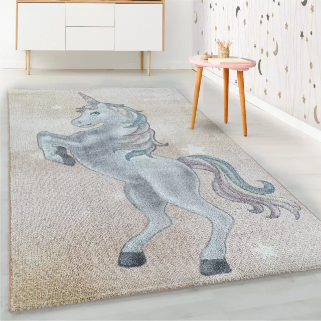 Kurzflor Kinderteppich Gelb Einhorn Sterne Design Kinderzimmer Teppich Weich