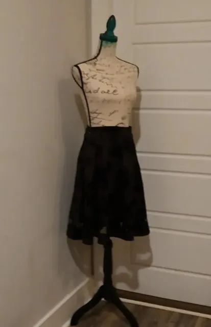Beautiful Black Embossed Floral Black Skirt, LA,  Sheer Hem, Stretch Waist