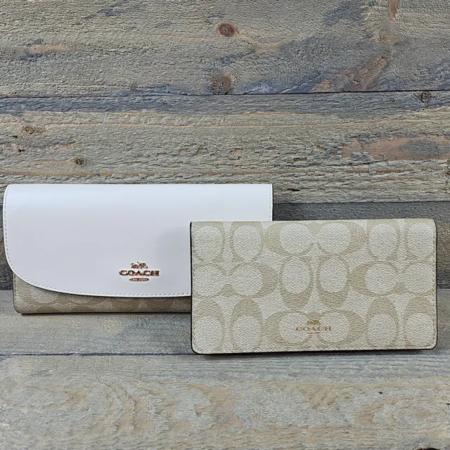 Coach Leather Envelope Wallet & Checkbook Cover In Signature Light Khaki Chalk