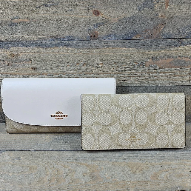 Coach Leather Envelope Wallet & Checkbook Cover In Signature Light Khaki Chalk