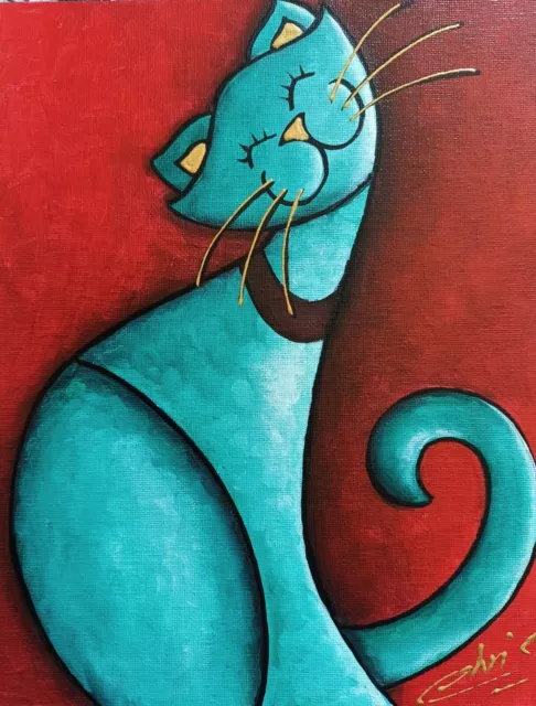 Tableau Peinture Toile Le Chat Turquoise N°2 Contemporain  Signe Chrisk