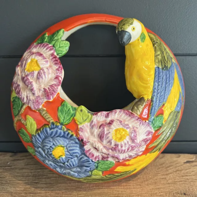 Vintage Ceramic Majolica Parrot Bird Wall Pocket Hanging Vase Planter Japan Art