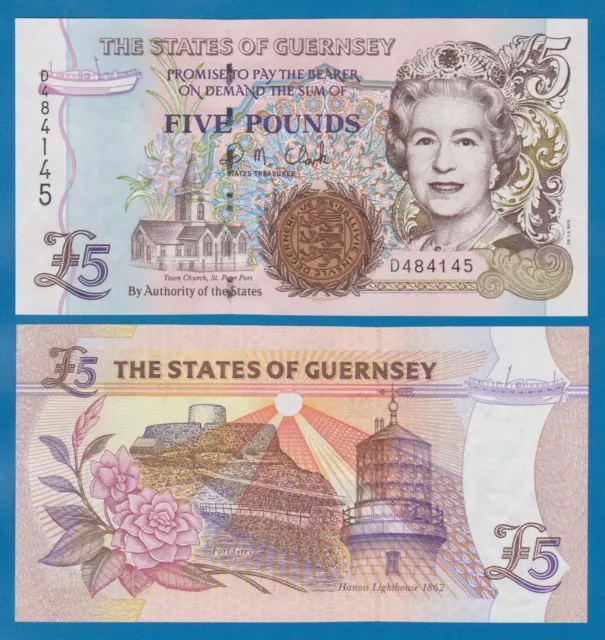 Guernsey 5 Pounds (ND 1996) P 56c UNC Sign D.M. Clark P  56 c Queen Elizabeth II