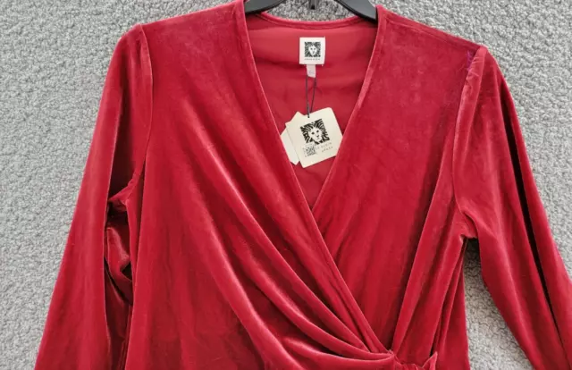 Anne Klein Velvet Wrap Sheath Dress Women's L Red V-Neck Tie Waist 3/4 Sleeve 2