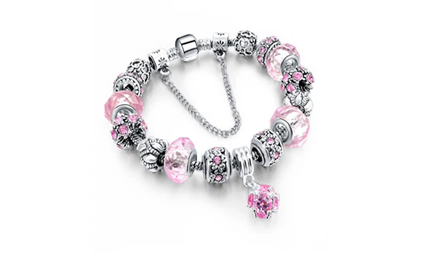 18K Gold Plated PINK Crystal CZ Charm Bracelet Made with Swarovski Element